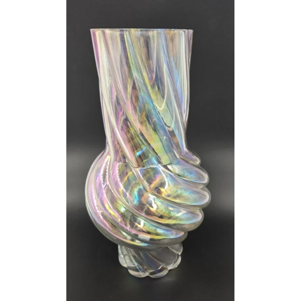 Lg 11” Anthropologie Twisted Iridescent Art Glass Vase Hand Blown Stunning Decor
